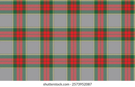 Plaid fabric pattern, gray, green, red, distinctive lattice cross lines, seamless for textiles, and for designing clothes, skirts or decorative fabrics. Vector illustration.