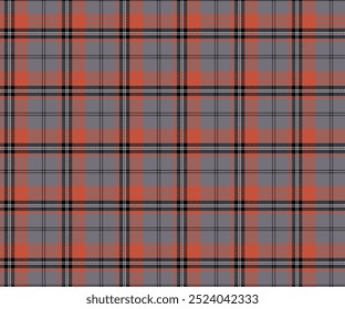 Plaid Stoffmuster, grau, orange, schwarz, weiß, modern unverwechselbar, nahtlos für Textilien, und für die Gestaltung von Kleidung, Röcken, Hosen oder dekorativen Stoffen. Vektorgrafik.