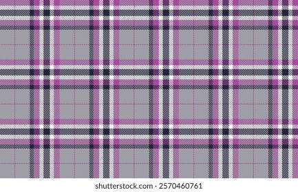 Plaid fabric pattern, gray, purple, black, white, beautiful distinctive cross lines, seamless for textiles, and for designing clothes, skirts, pants or decorative fabrics. Vector illustration.