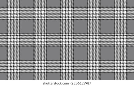 Plaid fabric pattern, gray, white, black, seamless for textiles, and for designing everyday clothes, skirts, or decorative fabrics. Vector illustration.