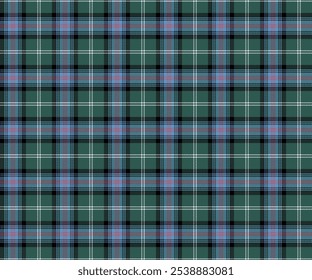 Plaid fabric pattern, green, black, blue, white, seamless for textile and design clothes skirt pants apron tablecloth blanket or decoration. Vector illustration.