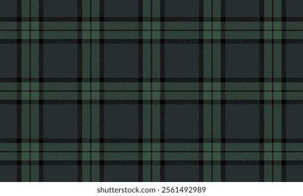 Plaid fabric pattern, green, black, cross lines, seamless for textiles, and for designing clothes, skirts, pants or decorative fabrics. Vector illustration.