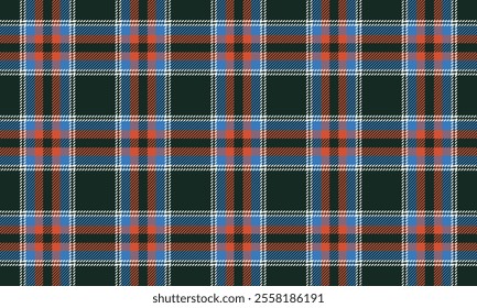 Plaid fabric pattern, green, blue, orange, white, modern distinctive identity, seamless for textiles, and for designing clothes, skirts, pants or decorative fabrics. Vector illustration.