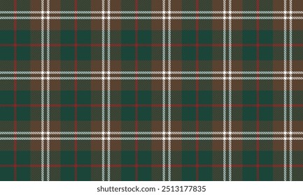 Plaid fabric pattern, green, brown, white, red, seamless for textile and design clothes skirt pants apron tablecloth blanket or decoration. Vector illustration.