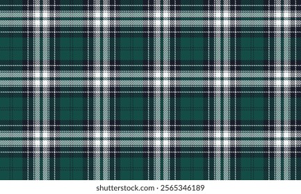 Plaid fabric pattern, green, navy, white, distinctive cross-line grid, seamless for textiles, and for designing clothes, skirts, pants or decorative fabrics. Vector illustration.