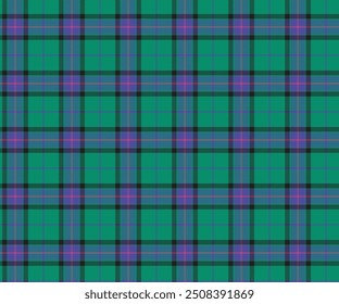 Plaid fabric pattern, green, purple, black, pink, seamless for textile and design clothes skirt pants apron tablecloth blanket or decoration. Vector illustration.