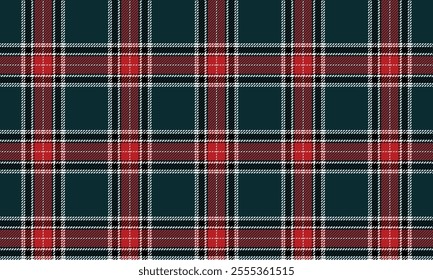 Plaid fabric pattern, green, red, white, black, modern distinctive cross lines, seamless for textiles, and for designing clothes, skirts or decorative fabrics. Vector illustration.