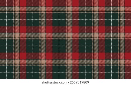 Plaid fabric pattern, green, red, cream, bright colorful cross lines, seamless for textiles, and for designing clothes, skirts or decorative fabrics. Vector illustration.