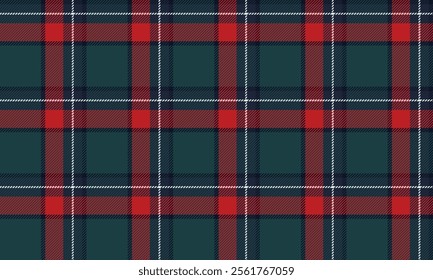 Plaid fabric pattern, green, red, navy, white, distinctive interlocking lines pattern, seamless for textiles, and for designing clothes, skirts or decorative fabrics. Vector illustration.