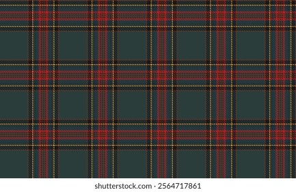 Plaid fabric pattern, green, red, black, yellow, distinctive lattice cross lines pattern, seamless for textiles, and for designing clothes, skirts or decorative fabrics. Vector illustration.