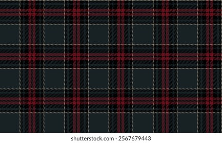 Plaid fabric pattern, green, red, black, distinctive lattice cross lines pattern, seamless for textiles, and for designing clothes, skirts or decorative fabrics. Vector illustration.