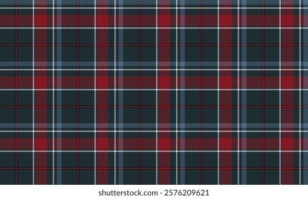 Plaid fabric pattern, green, red, blue, seamless for textiles, and for designing clothes, skirts, blankets, tablecloths, or decorative fabrics. Vector illustration.