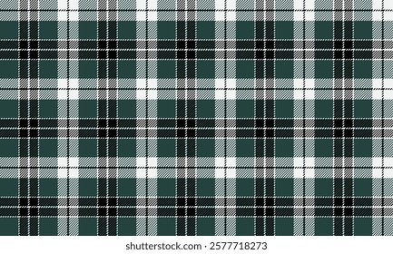 Plaid fabric pattern, green, white, black, seamless for textiles, and for designing clothes, skirts or decorative fabrics. Vector illustration.