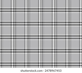 Plaid fabric pattern, grey, black, white, seamless for textiles, and for designing clothing, skirts, pants or decorative fabric. Vector illustration.