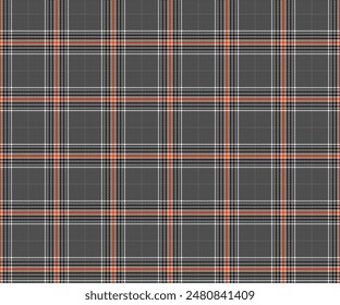Plaid fabric pattern, grey, black, white, orange, seamless for textiles, and for designing clothing, skirts, pants or decorative fabric. Vector illustration.