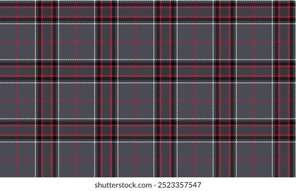 Plaid fabric pattern, grey, black, white, red, classic neat lines, seamless for textiles, and for designing clothes, skirts or decorative fabrics. Vector illustration.