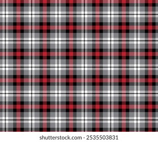 Padrão de tecido xadrez, cinza, preto, vermelho, branco, linhas cruzadas de luxo modernas, sem costura para têxteis, e para projetar roupas, saias ou tecidos decorativos. Ilustração vetorial.
