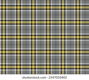 Patrón de tela a cuadros, gris, negro, amarillo, blanco, patrón de líneas cruzadas distintivas modernas, sin costuras para textiles, y para el diseño de ropa, faldas o telas decorativas. Ilustración vectorial.