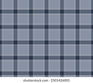 Plaid fabric pattern, grey, navy blue, white, seamless for textiles and designing clothing, skirts, pants, aprons, tablecloths, blankets or decorative fabrics. Vector illustration.