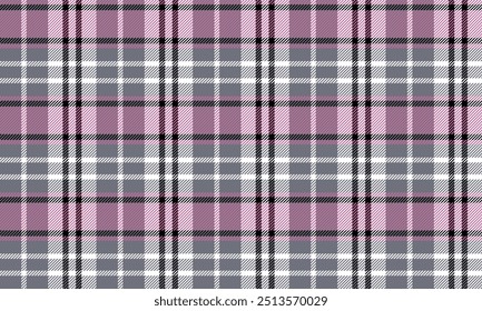 Plaid fabric pattern, grey, pink, white, black, seamless for textile and design clothes skirt pants apron tablecloth blanket or decoration. Vector illustration.