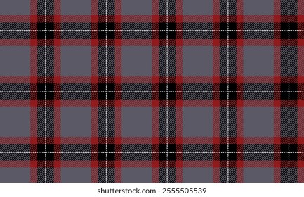 Plaid fabric pattern, grey, red, black, white, modern distinctive cross lines pattern, seamless for textiles, and for designing clothes, skirts or decorative fabrics. Vector illustration.