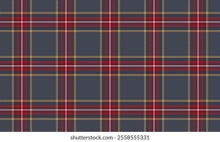 Plaid fabric pattern, grey, red, yellow, white, modern, distinctive, seamless for textile and design clothes, skirts, pants, aprons, tablecloths, blankets or decorative fabrics. Vector illustration.