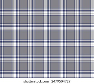 Plaid fabric pattern, grey, white, blue, seamless for textiles, and for designing clothing, skirts, pants or decorative fabric. Vector illustration.