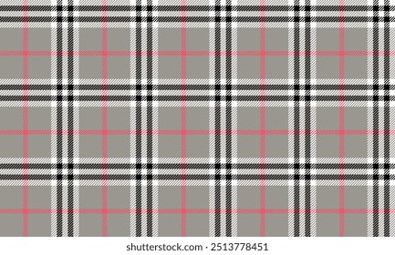 Plaid fabric pattern, grey, white, black, pink, seamless for textile and design clothes skirt pants apron tablecloth blanket or decoration. Vector illustration.