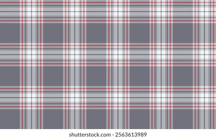 Plaid fabric pattern, grey, white, red, seamless for textiles, and for designing clothes, skirts, everyday life or decorative fabrics. Vector illustration.