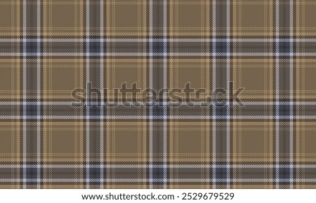 Plaid fabric pattern, khaki, black, yellow, blue, gray, elegant cross lines, seamless for textiles, and for designing clothes, skirts or decorative fabrics. Vector illustration.