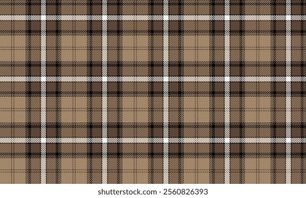 Plaid fabric pattern, khaki, brown, white, seamless for textile, and for designing clothes, skirts, fashion or decorative fabric. Vector illustration.