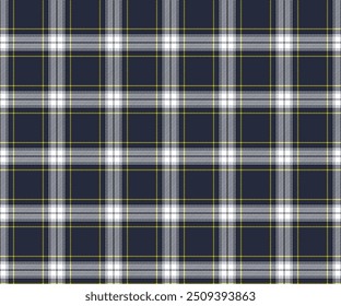 Plaid fabric pattern, navy blue, white, yellow, seamless for textile and design clothes skirt pants apron tablecloth blanket or decoration fabric. Vector illustration.