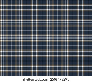 Plaid fabric pattern, navy blue, white, yellow, seamless for textile and design clothes skirt pants apron tablecloth blanket or decoration fabric. Vector illustration.