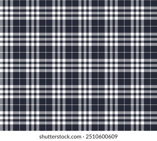 Plaid fabric pattern, navy blue, white, seamless for textile and design clothes skirt pants apron tablecloth blanket or decoration. Vector illustration.