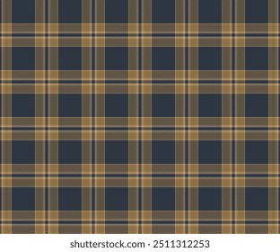 Plaid fabric pattern, navy blue, yellow, seamless for textile and design clothes skirt pants apron tablecloth blanket or decoration fabric. Vector illustration.