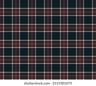 Plaid fabric pattern, navy blue, brown, white, seamless for textiles, and for designing clothes, skirts, pants or decorative fabrics. Vector illustration.