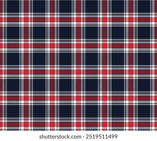Plaid fabric pattern, navy blue, white, red, seamless for textiles, and for designing clothes, skirts, pants or decorative fabrics. Vector illustration.