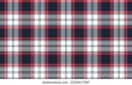 Plaid fabric pattern, navy blue, white, red, seamless for textiles, and for designing clothes, skirts, pants or decorative fabrics. Vector illustration.