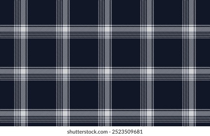 Plaid fabric pattern, navy blue, white, seamless for textiles, and for designing clothes, skirts, pants or decorative fabrics. Vector illustration.