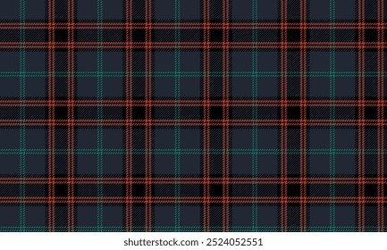 Patrón de tela a cuadros, azul marino, negro, naranja, verde, hermosas líneas cruzadas distintivas, sin costuras para textiles, y para el diseño de ropa, faldas o telas decorativas. Ilustración vectorial.