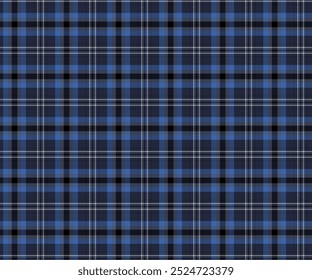 Plaid fabric pattern, navy blue, blue, white, classic elegant cross lines, seamless for textiles, and for designing clothes, skirts, pants or decorative fabrics. Vector illustration.