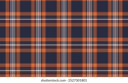 Plaid Stoffmuster, marineblau, orange, weiß, elegant, nahtlos, für Textilien, und für die Gestaltung von Kleidung, Röcken, Hosen oder dekorativen Stoffen. Vektorgrafik.