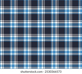 Patrón de tela a cuadros, azul marino, azul, blanco, líneas cruzadas, sin costuras para textiles, y para el diseño de ropa, faldas o telas decorativas. Ilustración vectorial.