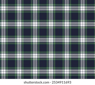Plaid fabric pattern, navy blue, white, green, yellow, seamless modern luxury for textiles, and for designing clothes, skirts, pants or decorative fabrics. Vector illustration.