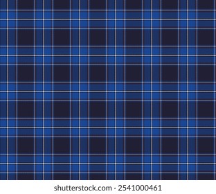 Padrão de tecido xadrez, azul marinho, azul, branco, linhas cruzadas de luxo sem costura na moda para têxteis, e para projetar roupas, saias, calças ou tecidos decorativos. Ilustração vetorial.