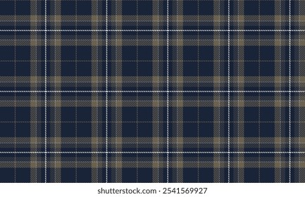 Plaid fabric pattern, navy blue, golden yellow, white, retro charming cross lines, seamless for textiles, and for designing clothes, skirts or decorative fabrics. Vector illustration.