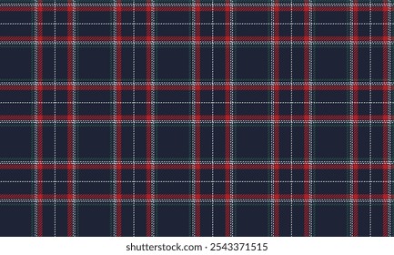 Plaid Stoffmuster, Marineblau, Rot, Weiß, Grün, nahtlos elegante Kreuzlinien für Textilien, und für die Gestaltung von Kleidung, Röcken, Hosen oder dekorativen Stoffen. Vektorgrafik.