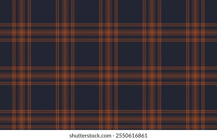 Patrón de tela a cuadros, azul marino, naranja, líneas cruzadas distintivas modernas, sin costuras para textiles, y para el diseño de ropa, faldas, pantalones o telas decorativas. Ilustración vectorial.