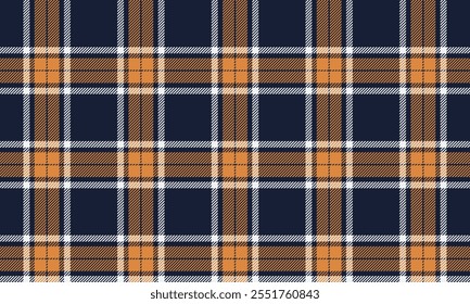 Plaid fabric pattern, navy blue, yellow, white, modern distinctive cross lines pattern, seamless for textiles, and for designing clothes, skirts or decorative fabrics. Vector illustration.