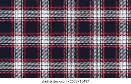 Plaid fabric pattern, navy blue, red, white, seamless for textiles, and for designing clothes, skirts or decorative fabrics. Vector illustration.